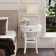 Round white end table with open drawer and shelf, made of MDF, perfect for bedside or living room storage.
